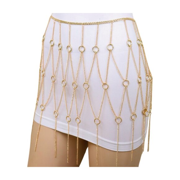 Women Gold Metal Chain Circle Rings Skirt Long Tassel Belt Cover Up Waist S M main image 13